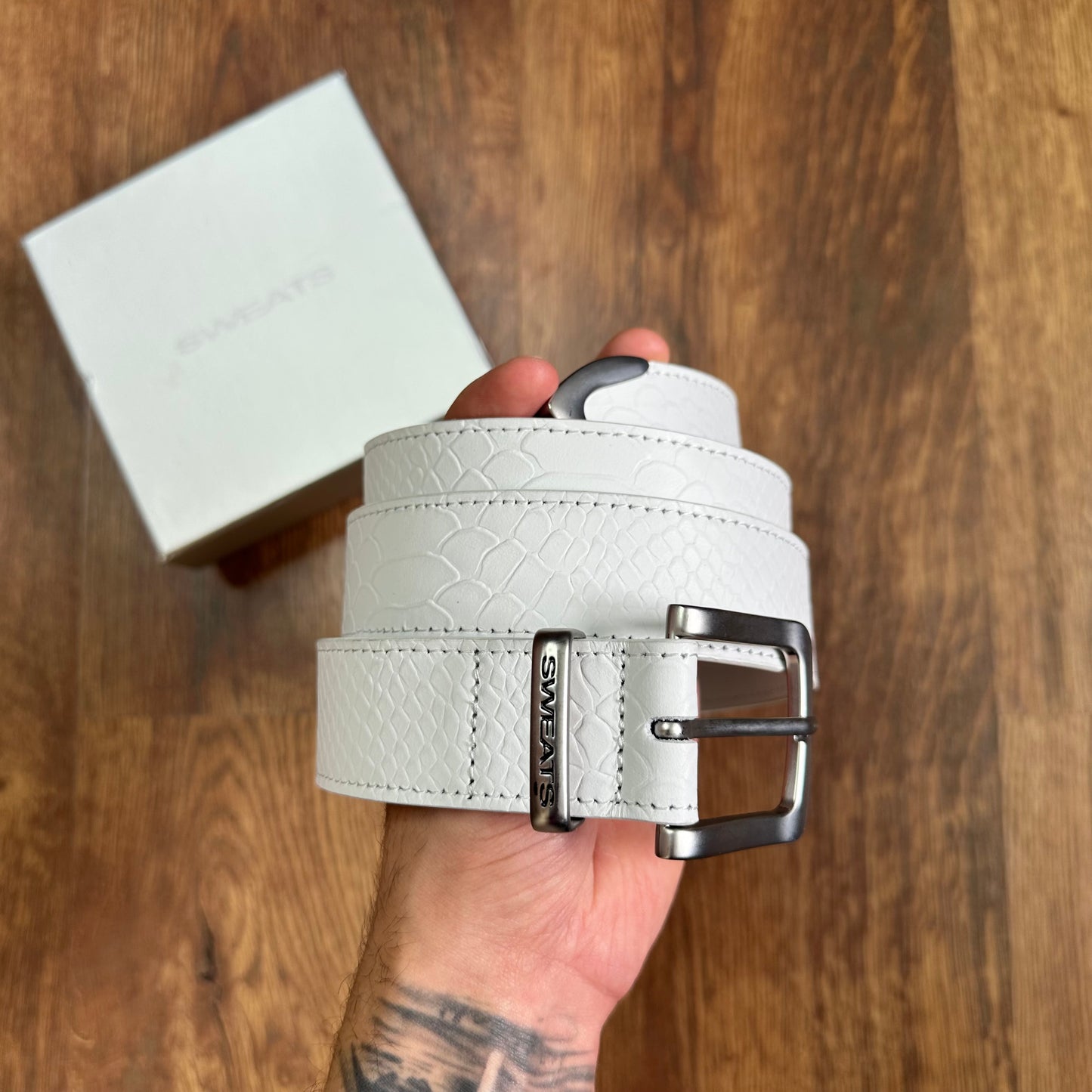 Sweats Collective Snake Skin Leather Belt White
