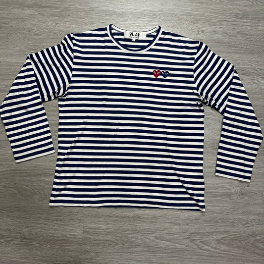 Comme Des Garçons PLAY Double Heart Longsleeve White/Navy