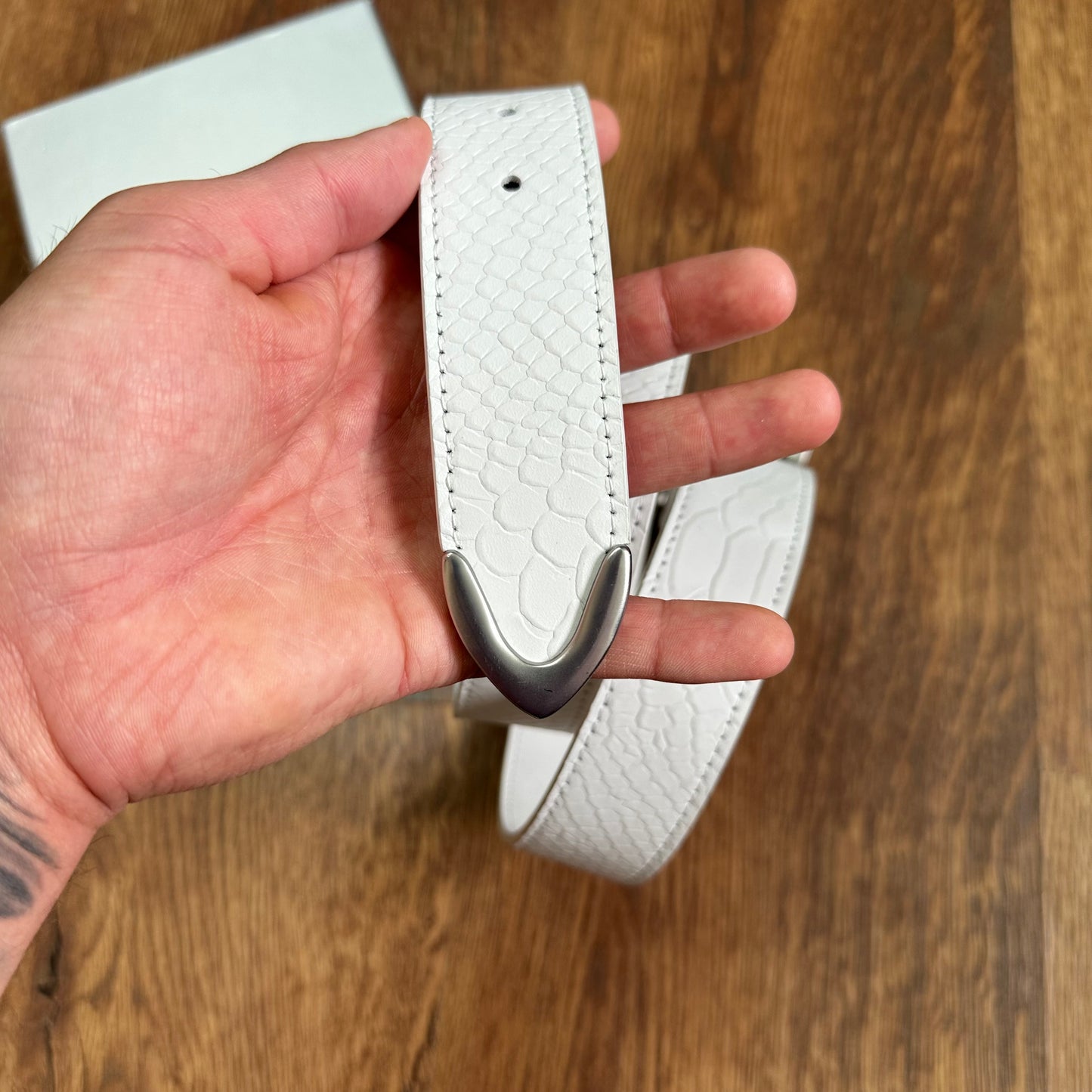 Sweats Collective Snake Skin Leather Belt White